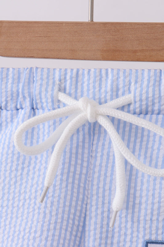 Blue stripe seersucker crab embroidery swim trunks