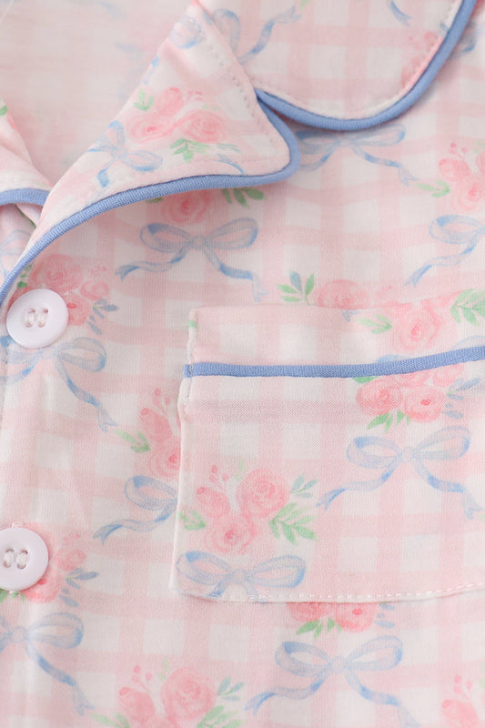 Pink floral print ruffle pajamas set