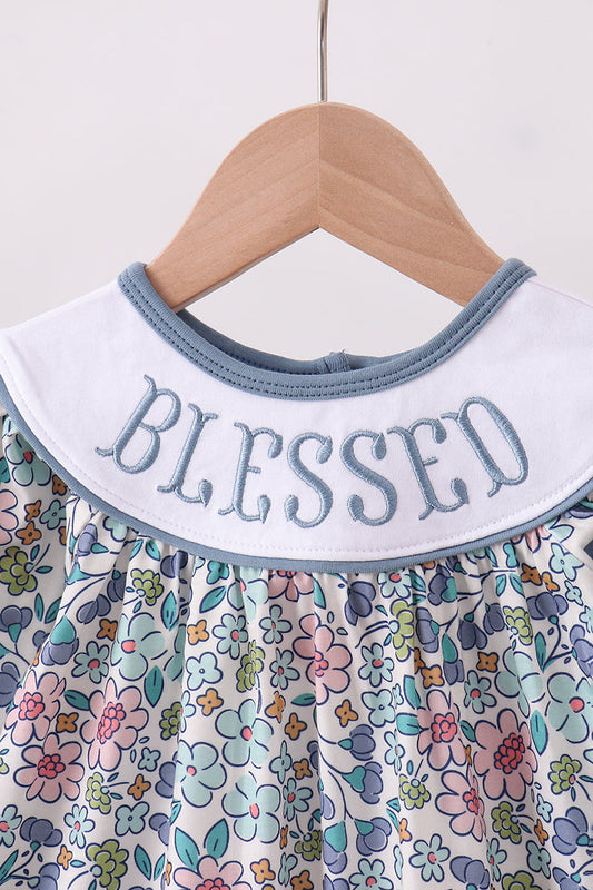 Blue floral blessed embroidery bloomer set