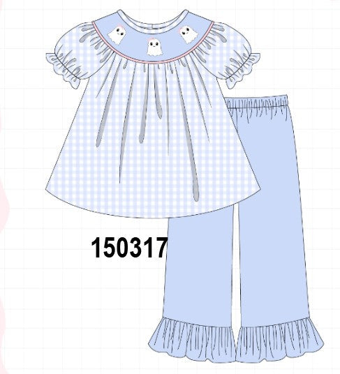 Blue ghost embroidery gingham ruffle pants set