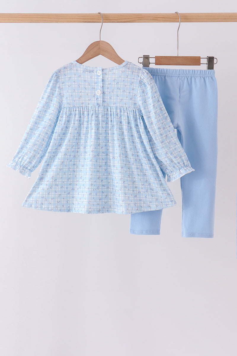 Blue bow embroidery pants set