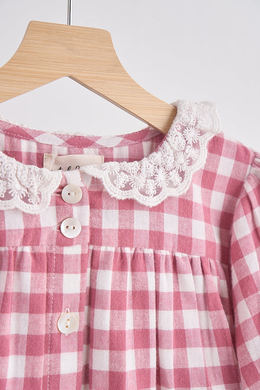Pink gingham flannel lace dress