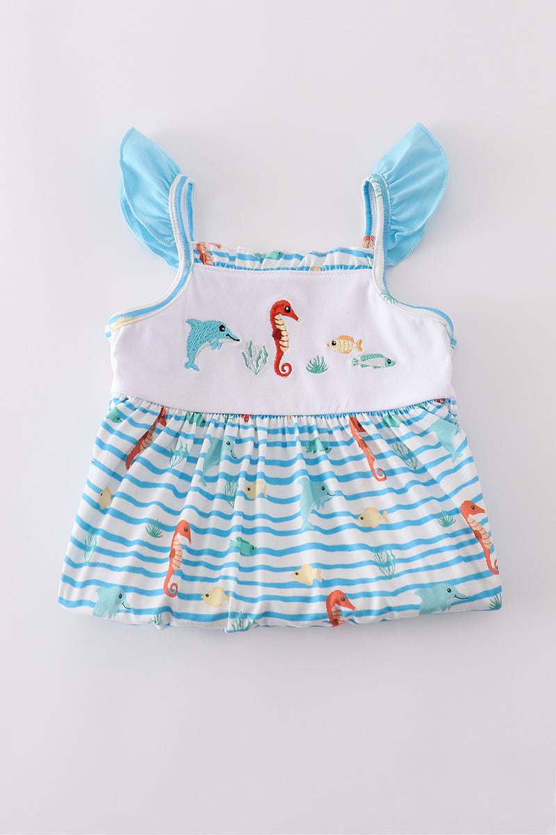 Blue marine creature embroidery dress