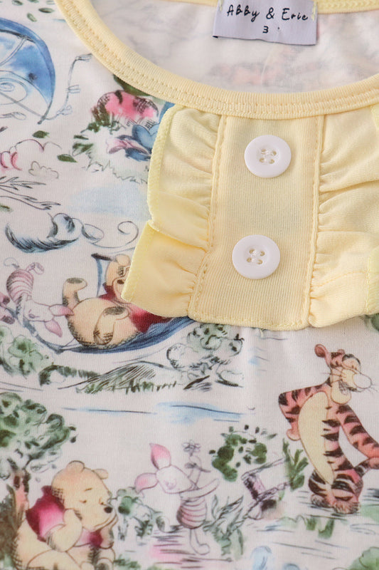 Yellow character print ruffle shorts set