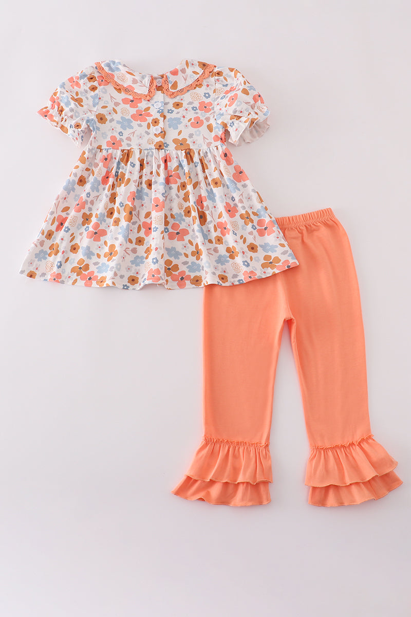 Floral print smocked ruffle pants set