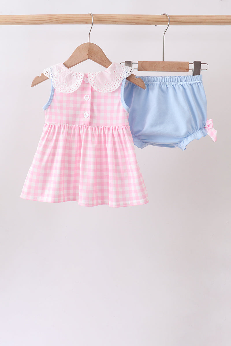 Pink Cow Plaid Embroidered Bloomer Set