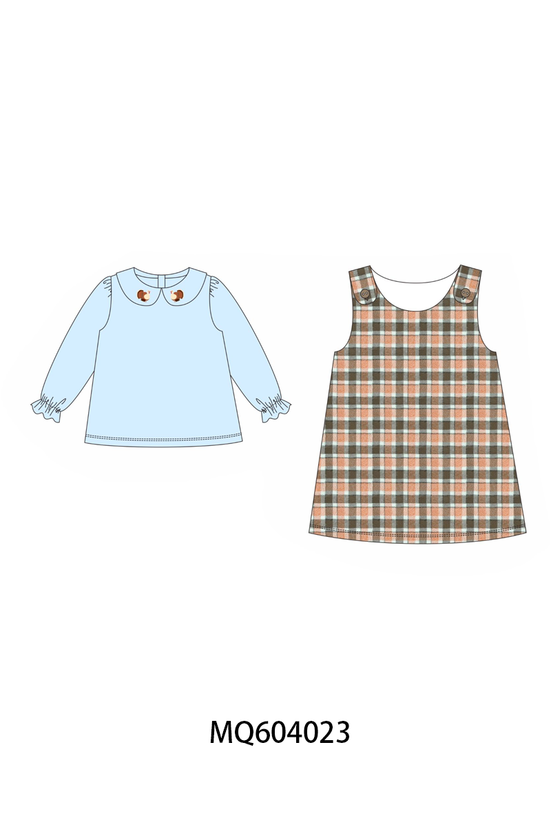 Blue turkey embroidery plaid 2pc set