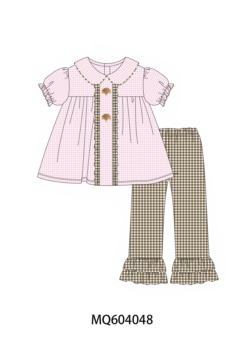Pink turkey embroidery ruffle gingham pants set