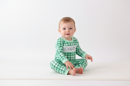 Green parade embroidery gingham romper