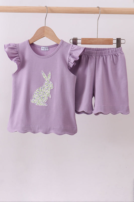 Purple bunny applique ruffle shorts set
