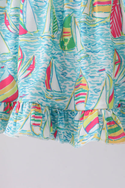 Blue sailboat print ruffle bloomer set