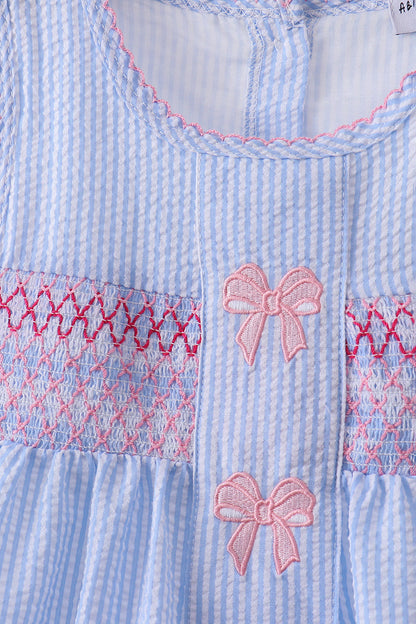 Blue seersucker bow smocked ruffle shorts set