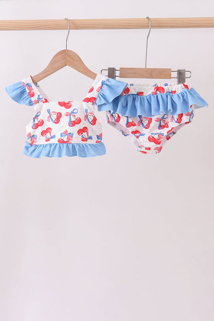 Blue cherry print 2pc ruffle swimsuit