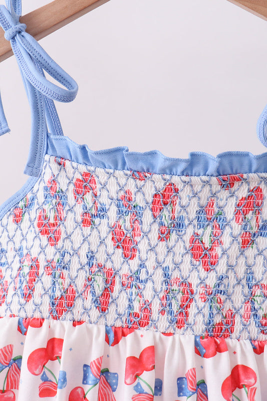 Blue cherry smocked ruffle shorts set