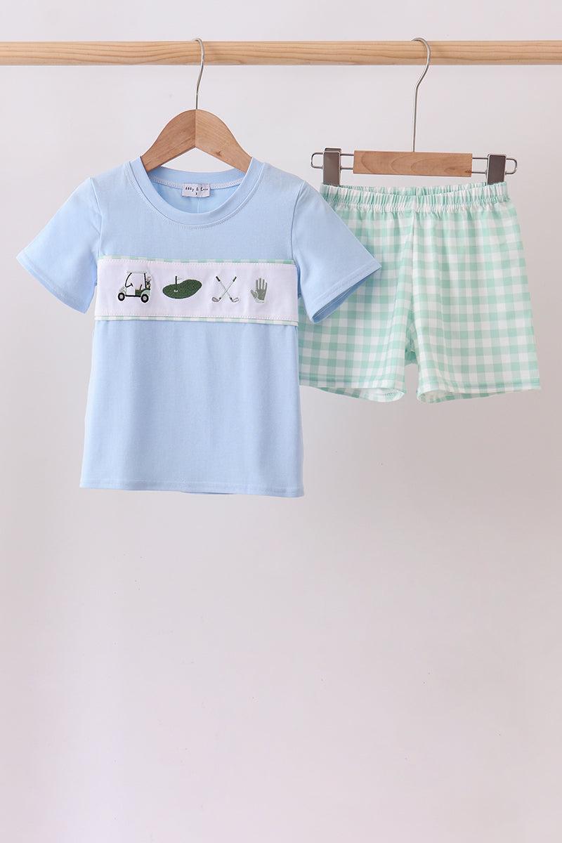Green Golf Embroidered Gingham Set