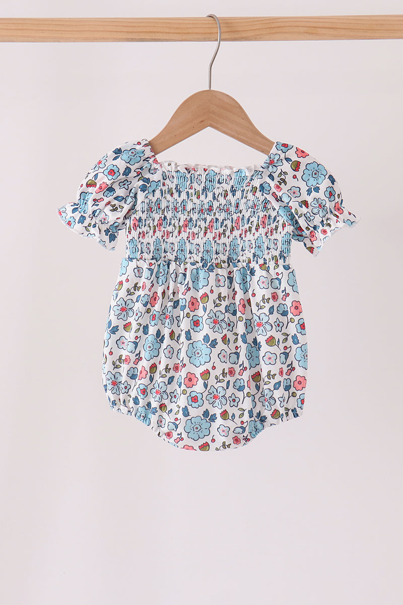 Blue floral smocked ruffle bubble