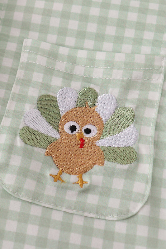Sage turkey embroidery gingham button down shirt
