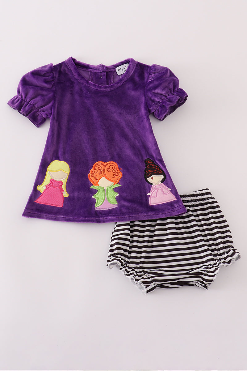 Purple Halloween witch applique velvet bloomer set