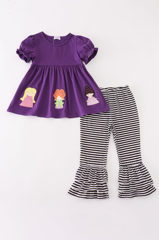 Purple halloween witch applique pants set
