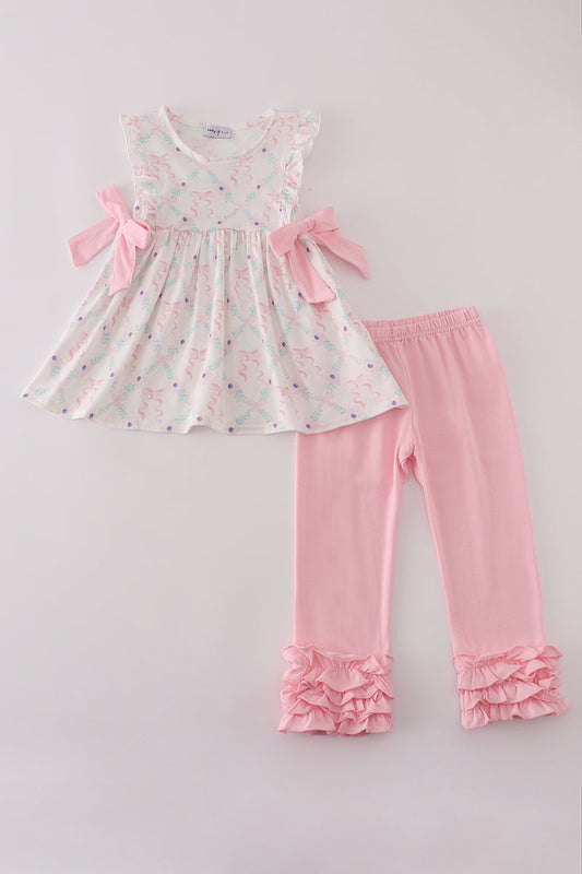 Pink floral bow print ruffle pants set