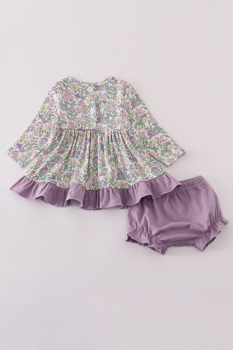 Purple floral print ruffle bloomer set