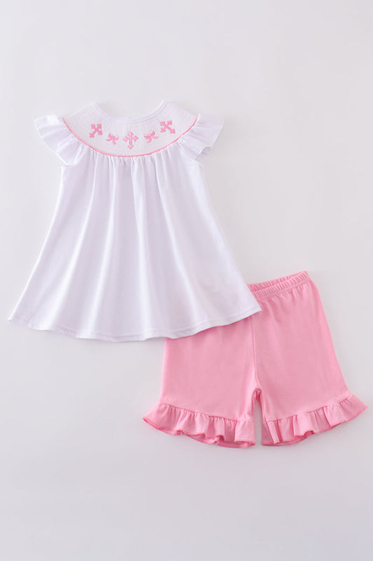 Pink cross embroider smocked set