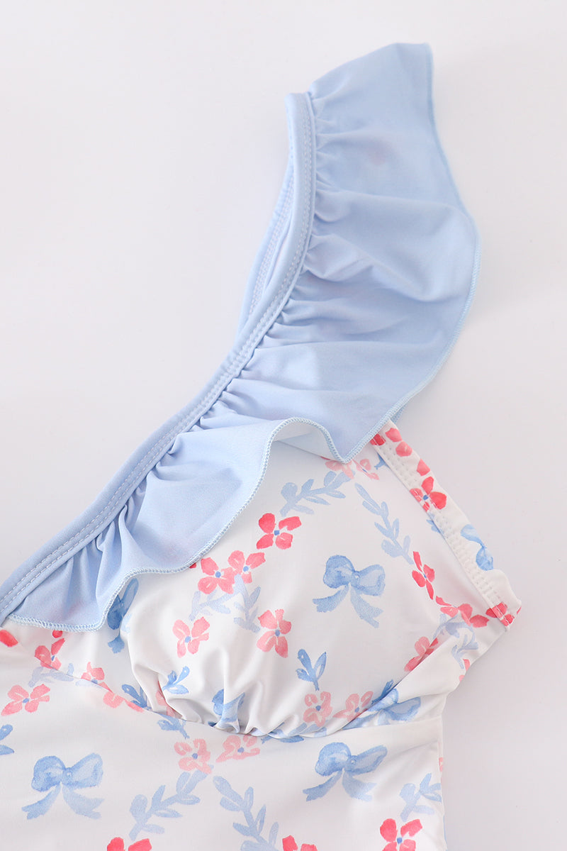 Blue bow lattice print  mom swimsuit