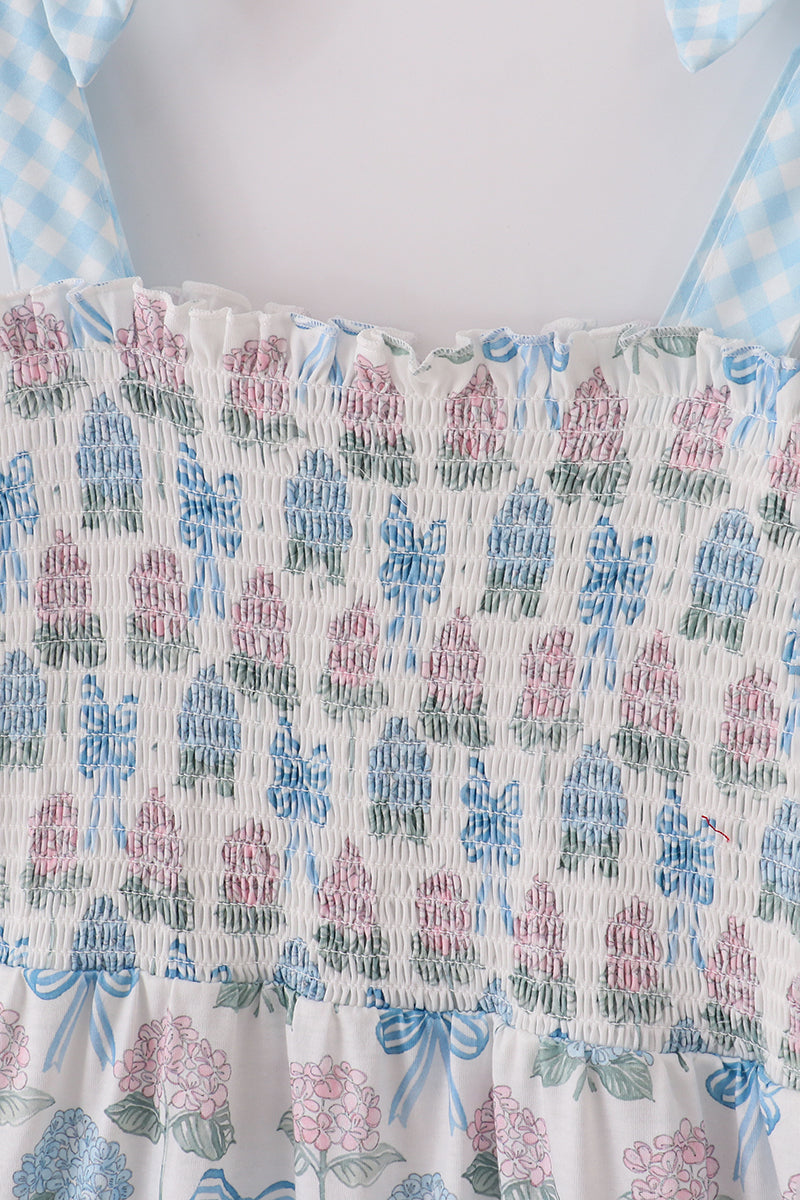 Blue hydrangea bow smocked mom&me dress