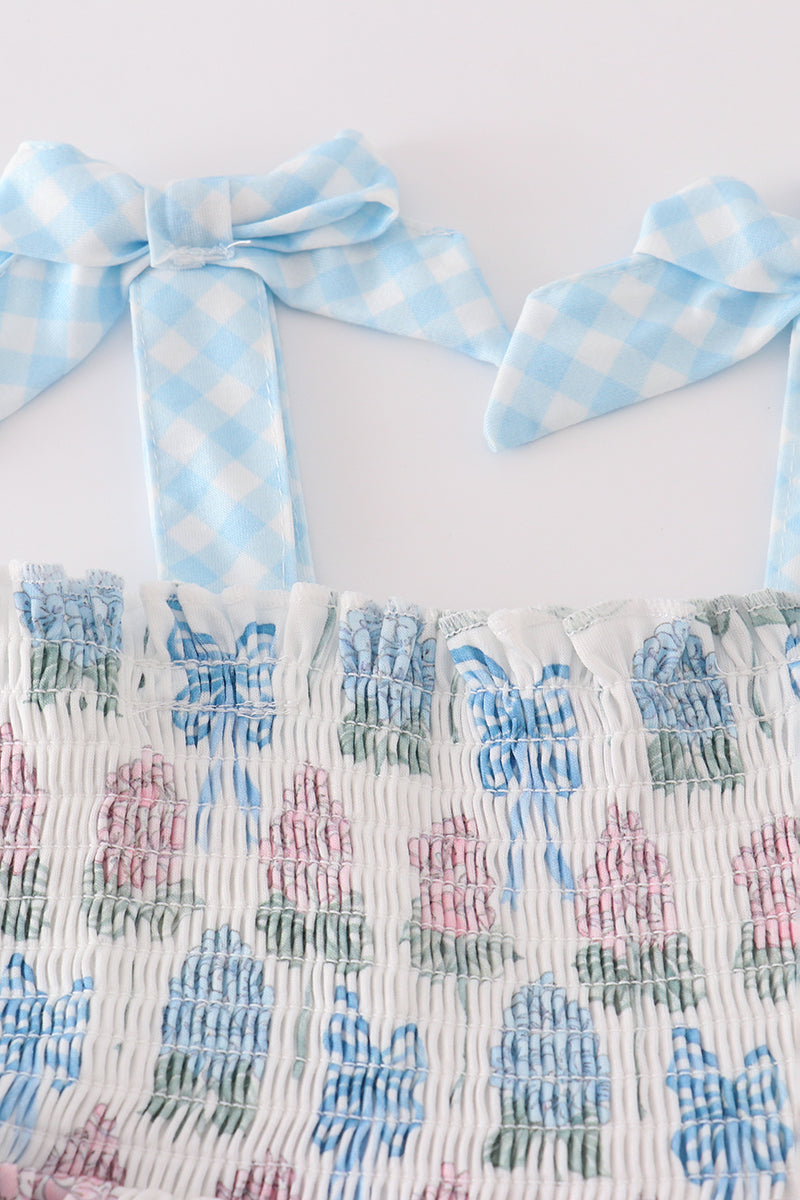 Blue hydrangea bow print ruffle bloomer set