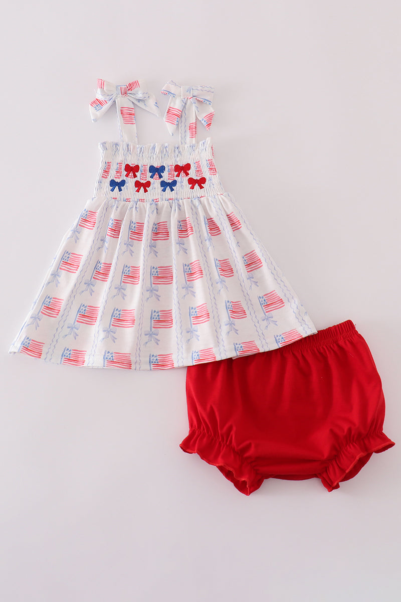 Bow embroidery smocked bloomer set
