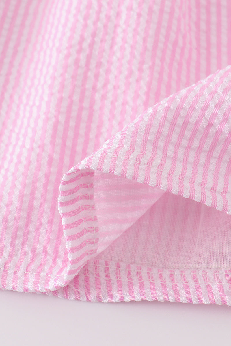 Pink stripe seersucker sailboat embroidery smocked dress