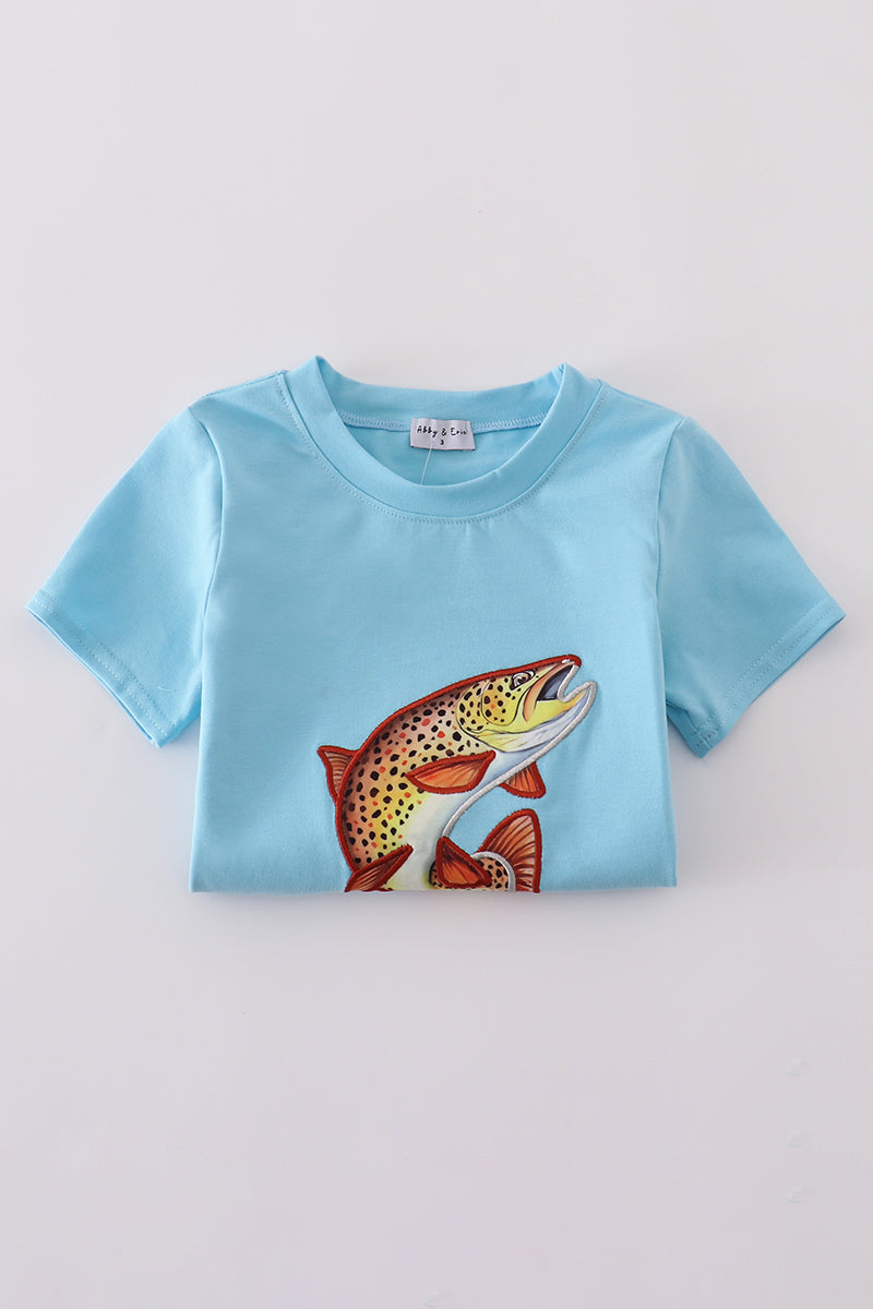 Blue fish applique top