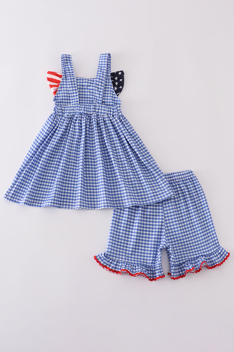 Blue flag bow gingham shorts set