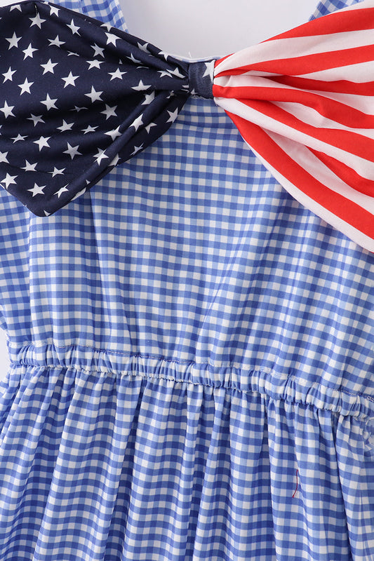 Blue flag bow gingham mom dress