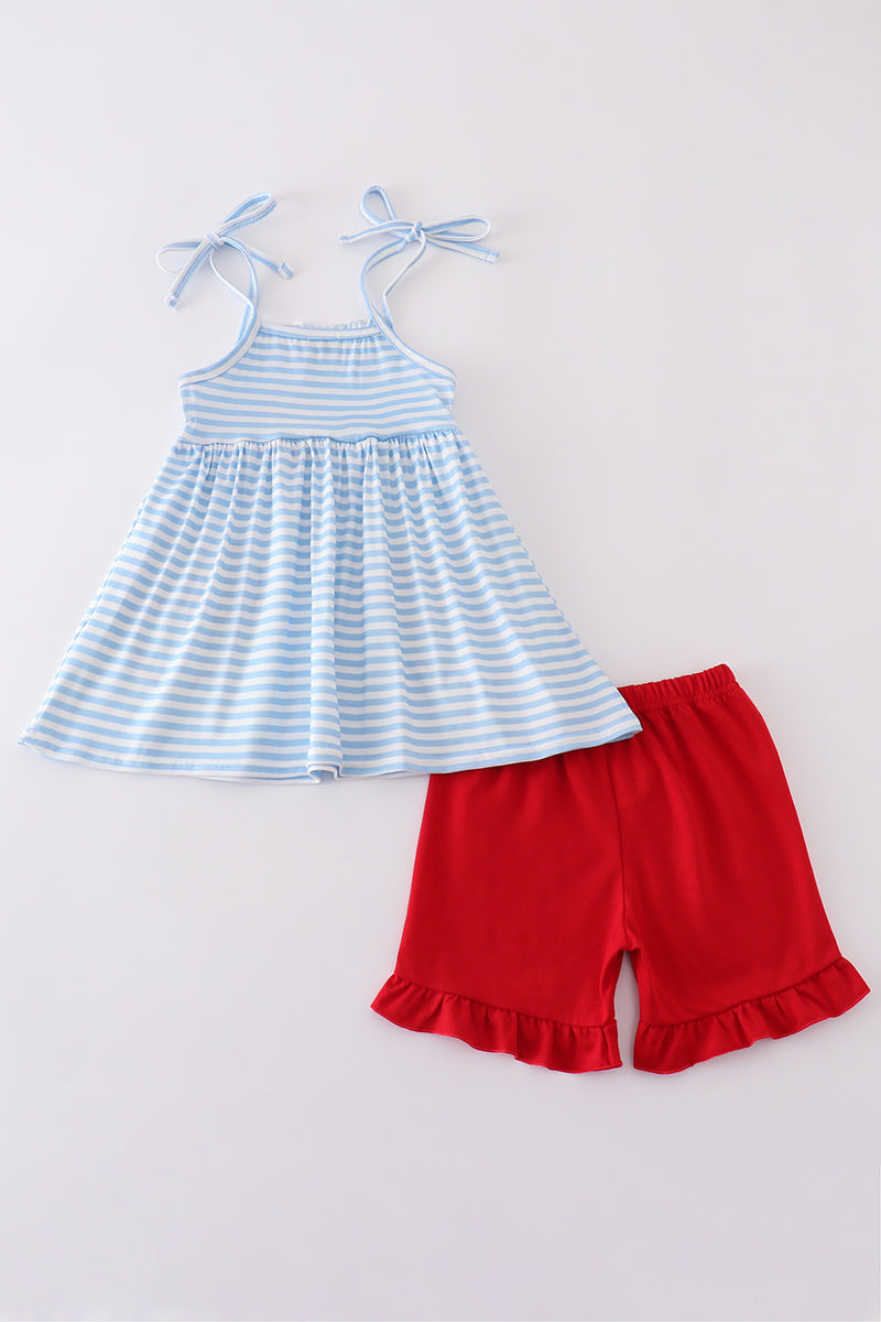 Blue&red character applique shorts set
