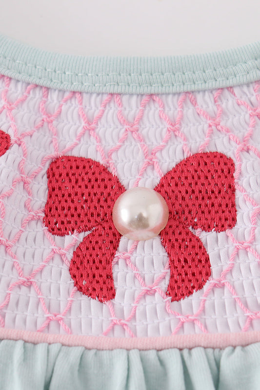 Blue bow pearl smocked dress