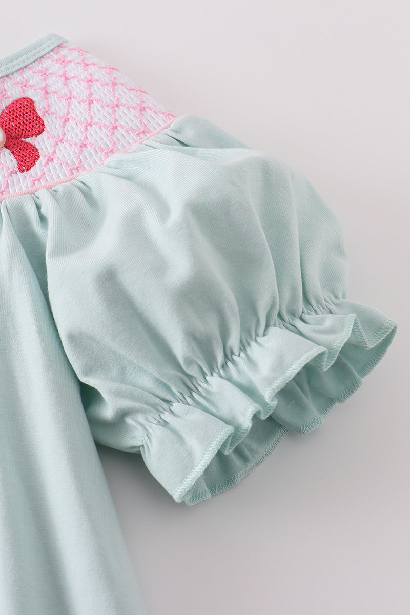Blue bow pearl smocked dress