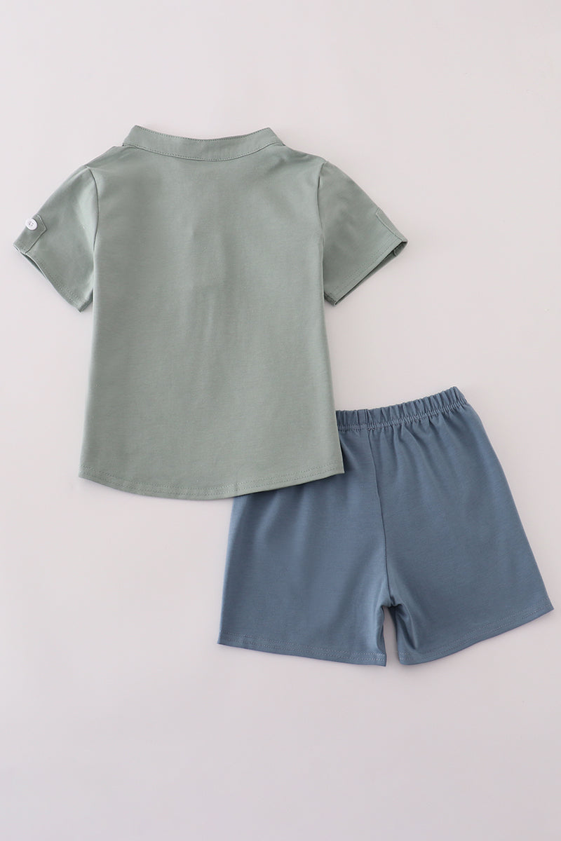 Green character applique shorts set