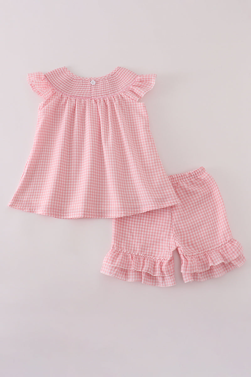 Pink floral smocked shorts set
