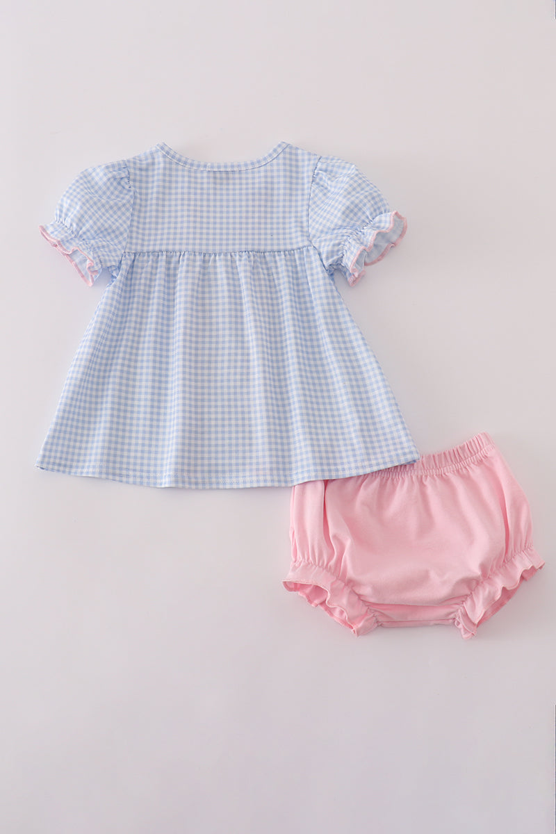 Blue bow embroidery gingham ruffle bloomer set