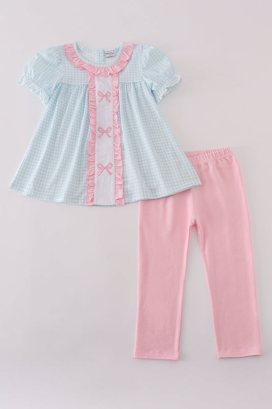 Blue bow embroidery gingham ruffle pants set