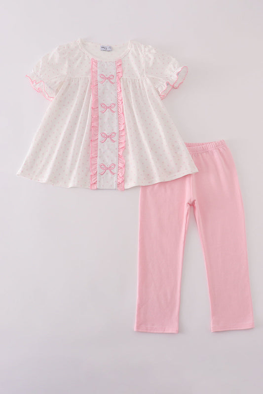 Pink bow embroidery dot ruffle pants set