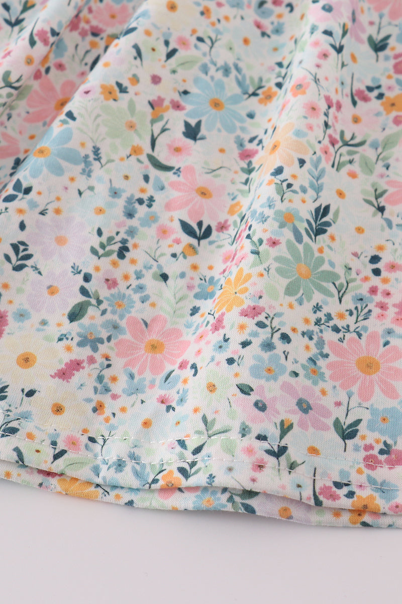 Green floral pumpkin embroidery smocked ruffle pants set