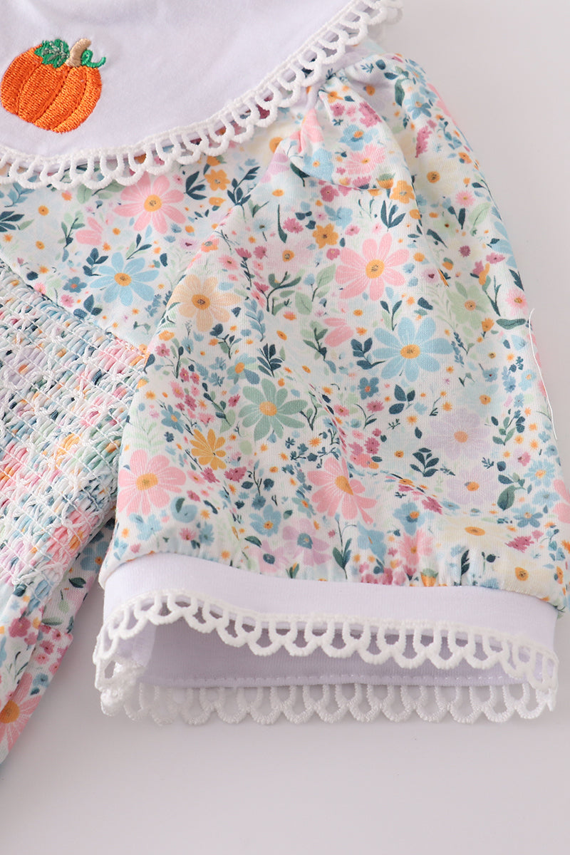 Green floral pumpkin embroidery smocked ruffle pants set