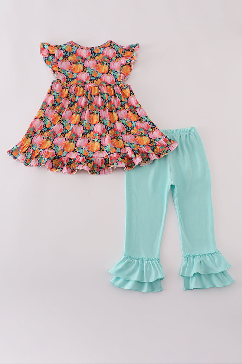 Pink pumpkin print ruffle pants set