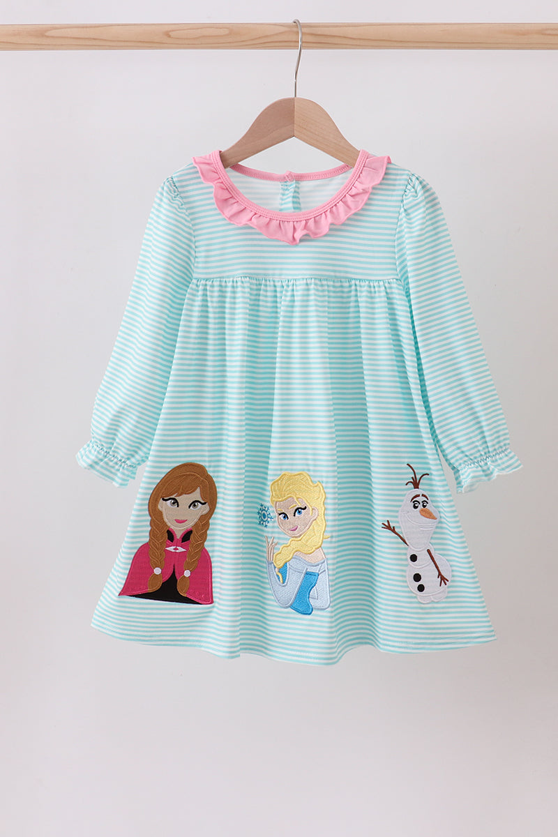 Blue character embroidery ruffle dress