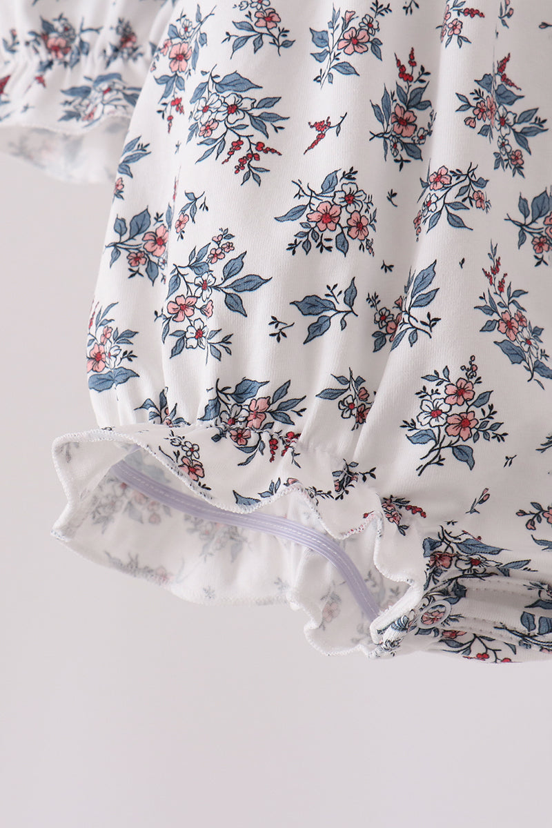 Teal floral smocked bow bubble