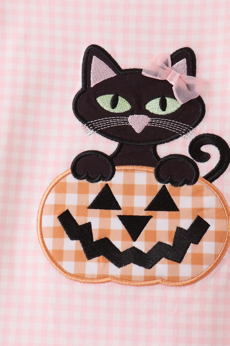 Pink cats Jack-O-Lantern applique ruffle pants set