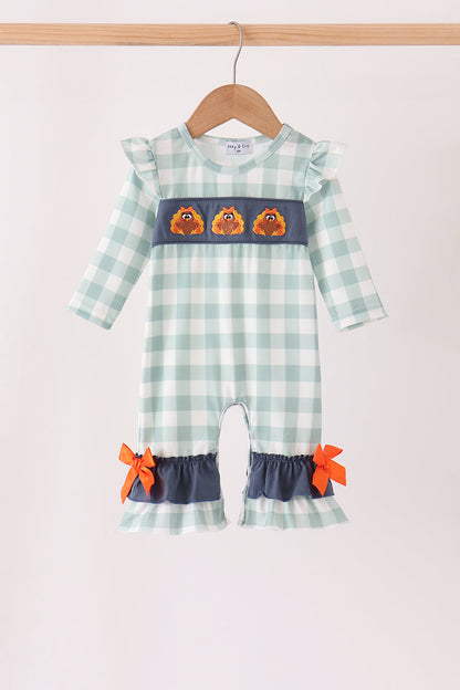 Sage Turkey Embroidery Gingham Ruffle Romper