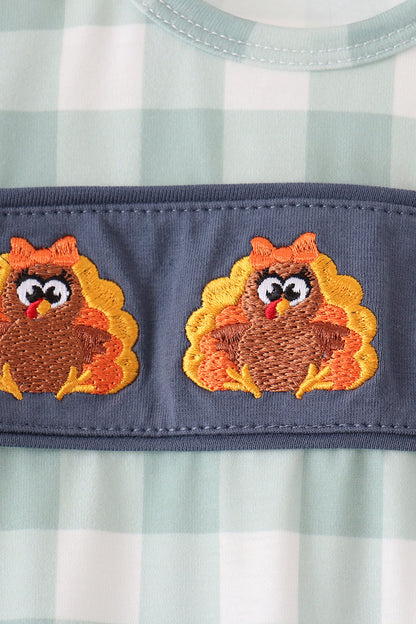 Sage Turkey Embroidery Gingham Ruffle Romper
